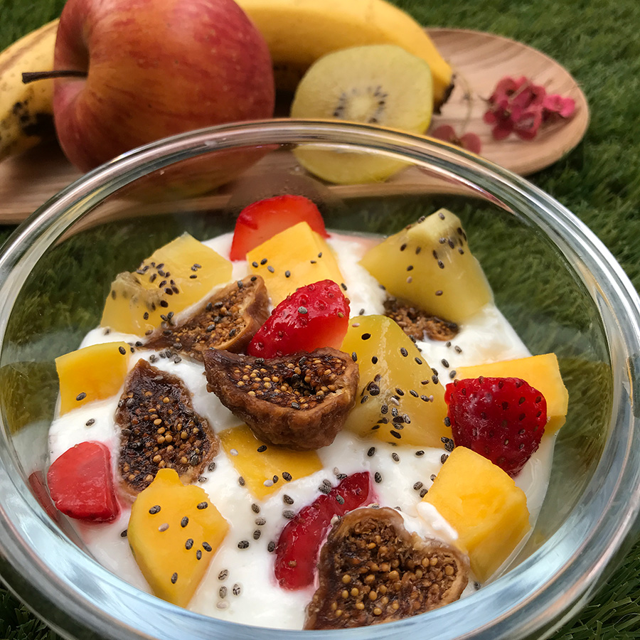 snack in minutes with whipped cream cheese, dried figs, mango and seasonal fruits