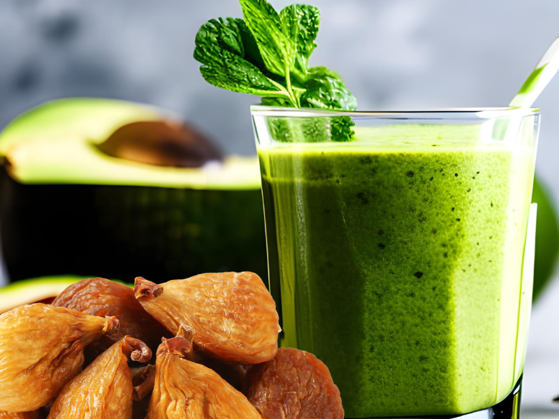 Green smoothie with dried figs and fruits